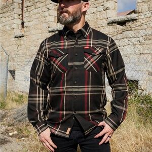 DIXXON Black, Red & Silver Plaid Flannel Shirt Button Down XL Limited